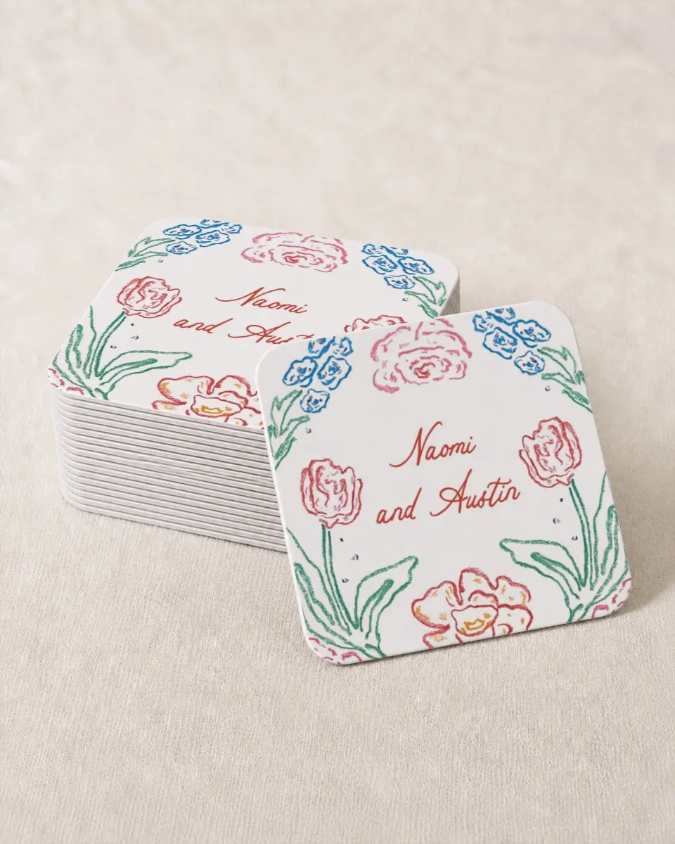 This is a 4" x 4" Wedding Coaster called Whimsy Love printed in full color on Kraft Chipboard paper