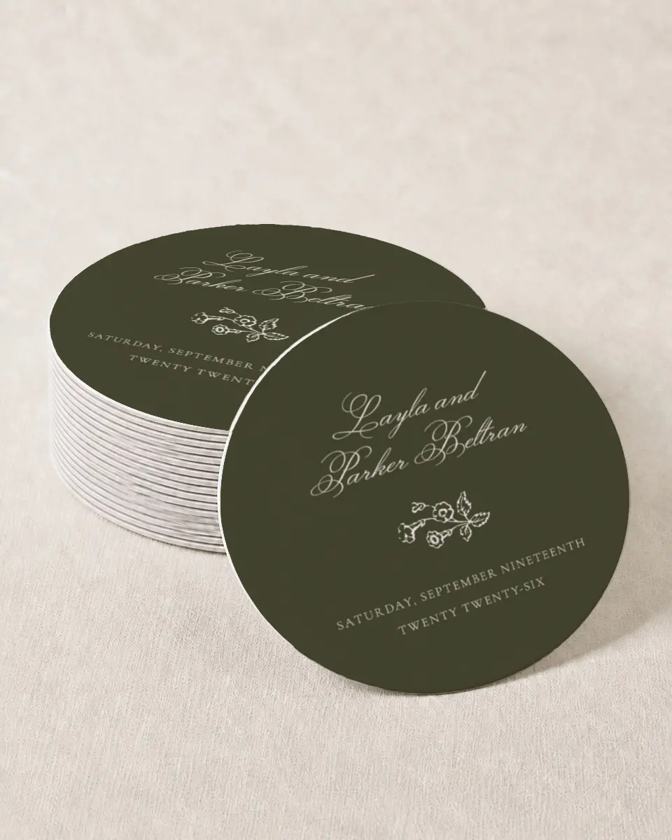 This is a 4" x 4" Wedding Coaster called Holderness printed in full color with Gold foil on Kraft Chipboard paper