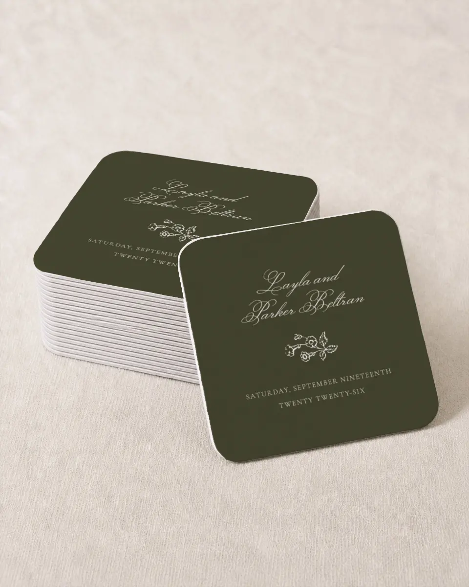 This is a 4" x 4" Wedding Coaster called Holderness printed in full color on Kraft Chipboard paper