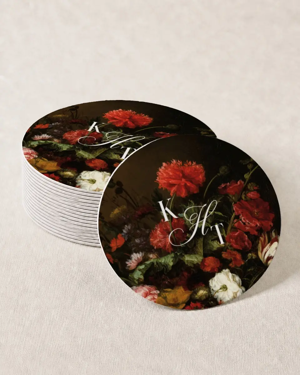 This is a 4" x 4" Wedding Coaster called Montecito printed in full color on Kraft Chipboard paper