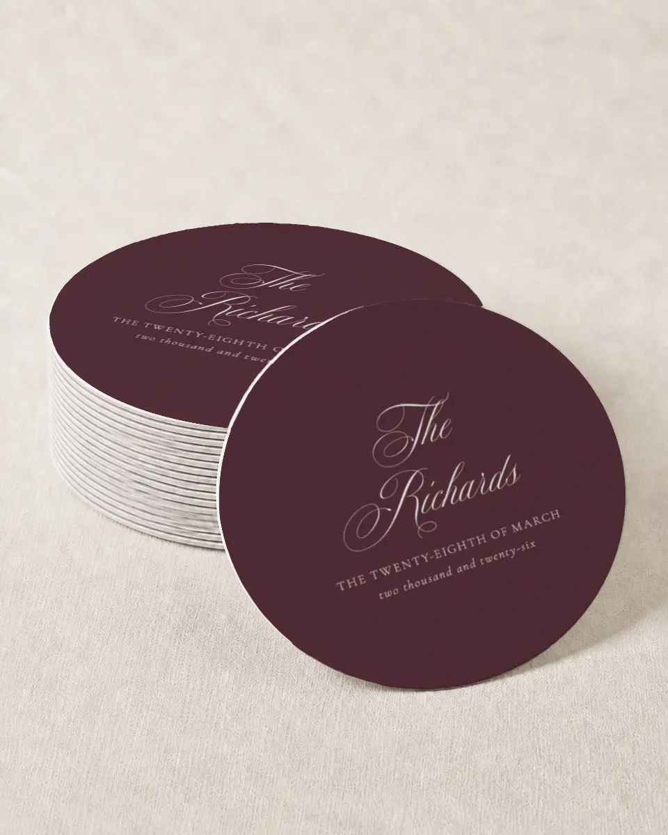 This is a 4" x 4" Wedding Coaster called Georgetown printed in full color on Kraft Chipboard paper
