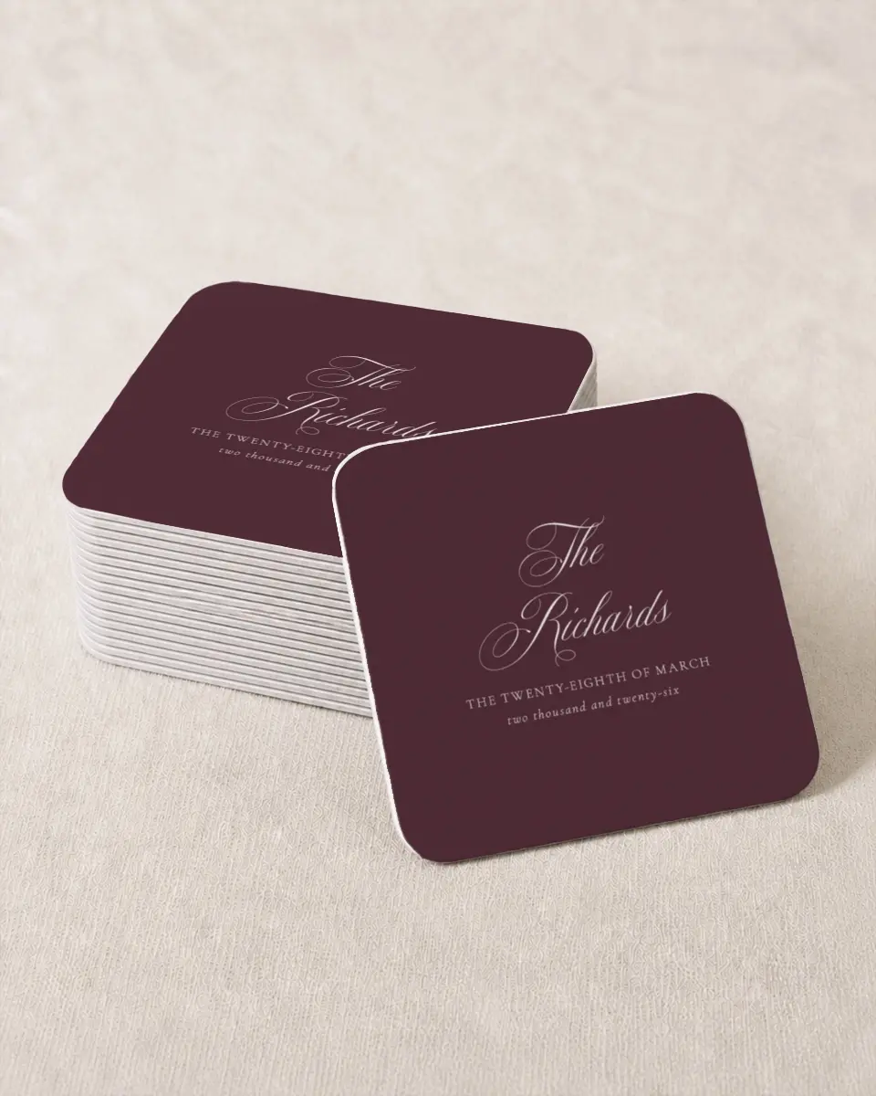This is a 4" x 4" Wedding Coaster called Georgetown printed in full color on Kraft Chipboard paper