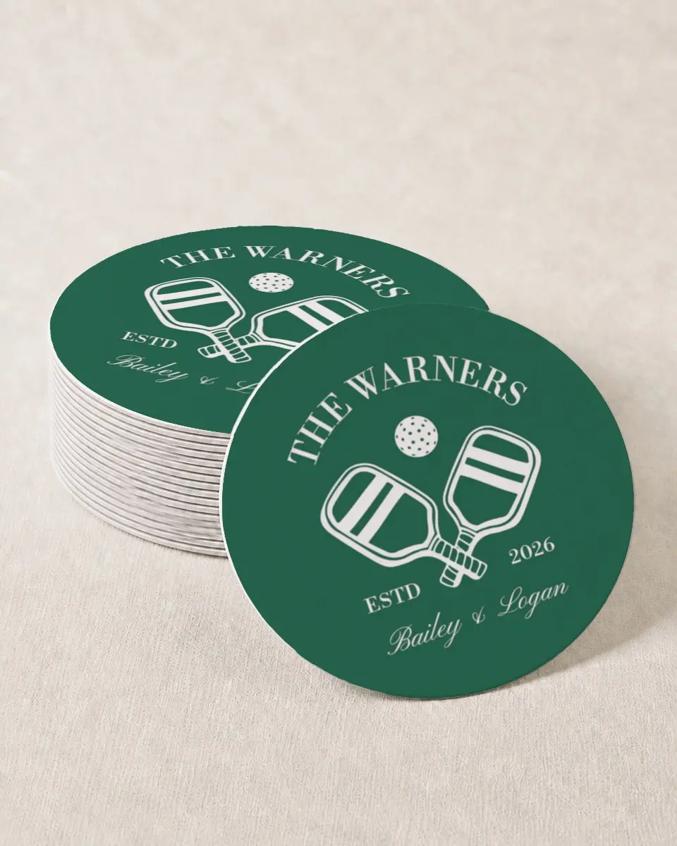 This is a 4" x 4" Wedding Coaster called Serving Up Forever printed in full color with Gold foil on Kraft Chipboard paper