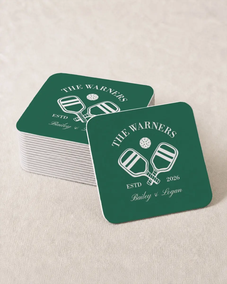 This is a 4" x 4" Wedding Coaster called Serving Up Forever printed in full color on Kraft Chipboard paper
