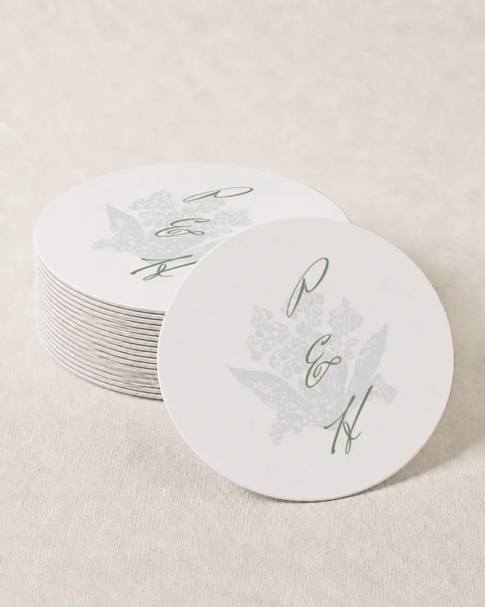 This is a 4" x 4" Wedding Coaster called Watch Hill printed in full color on Kraft Chipboard paper