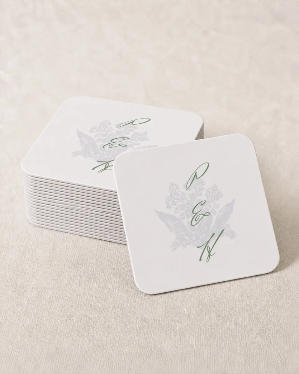 This is a 4" x 4" Wedding Coaster called Watch Hill printed in full color on Kraft Chipboard paper