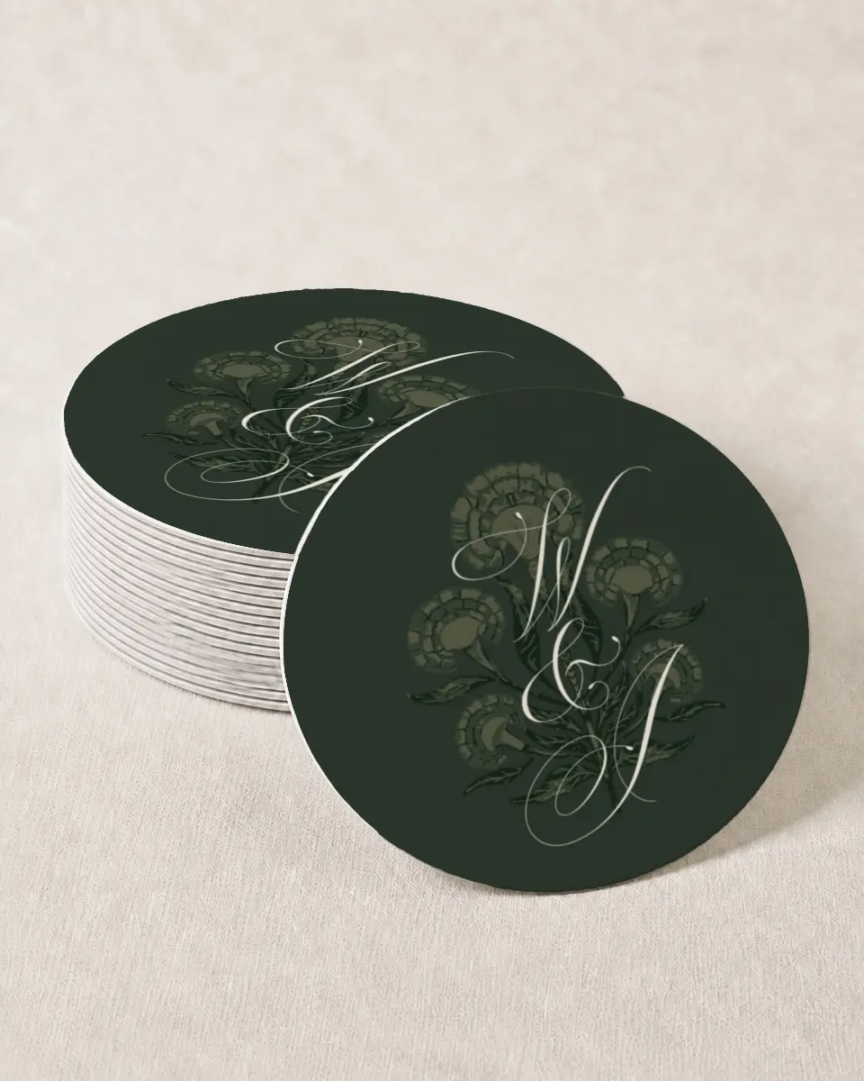 This is a 4" x 4" Wedding Coaster called Hillsborough printed in full color on Kraft Chipboard paper