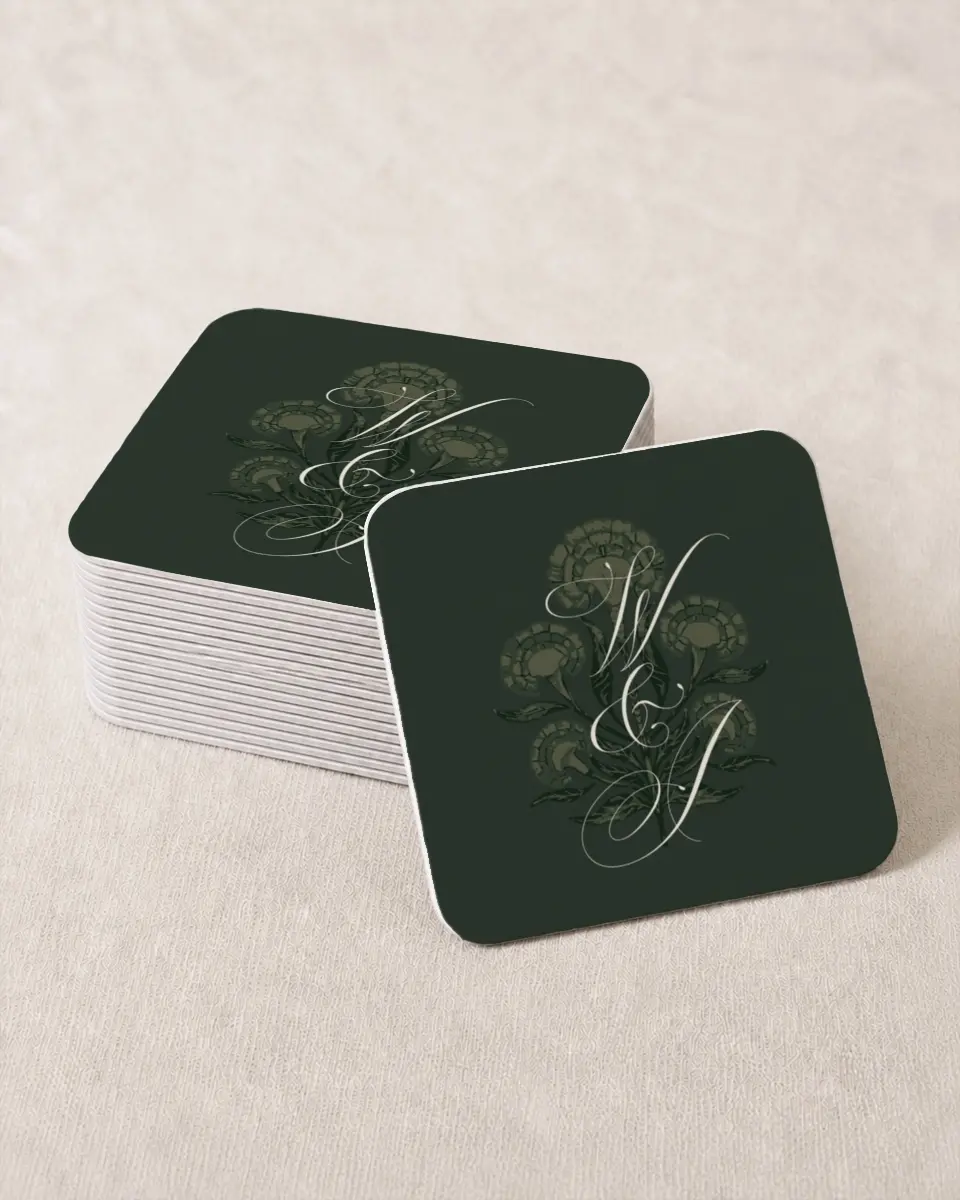 This is a 4" x 4" Wedding Coaster called Hillsborough printed in full color on Kraft Chipboard paper