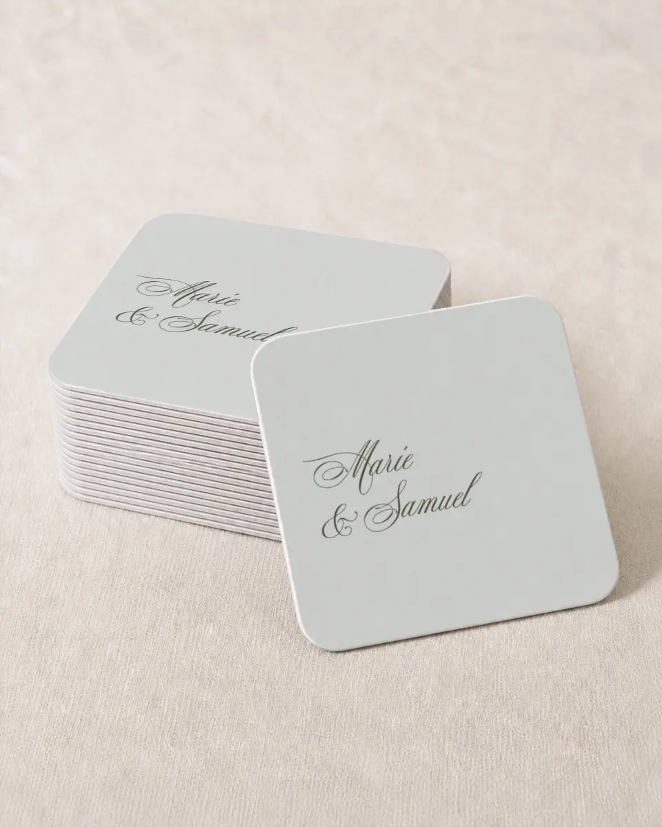 This is a 4" x 4" Wedding Coaster called Foxfire printed in full color on Kraft Chipboard paper
