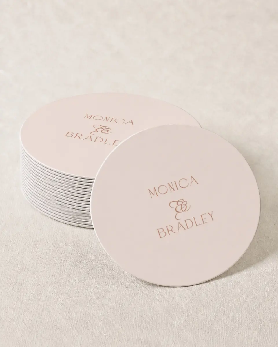 This is a 4" x 4" Wedding Coaster called Bridgetown printed in full color on Kraft Chipboard paper