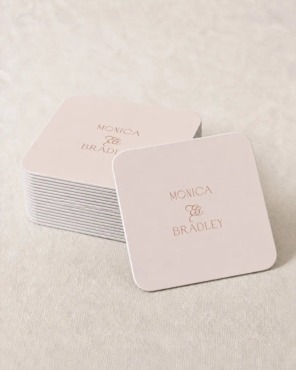 This is a 4" x 4" Wedding Coaster called Bridgetown printed in full color on Kraft Chipboard paper