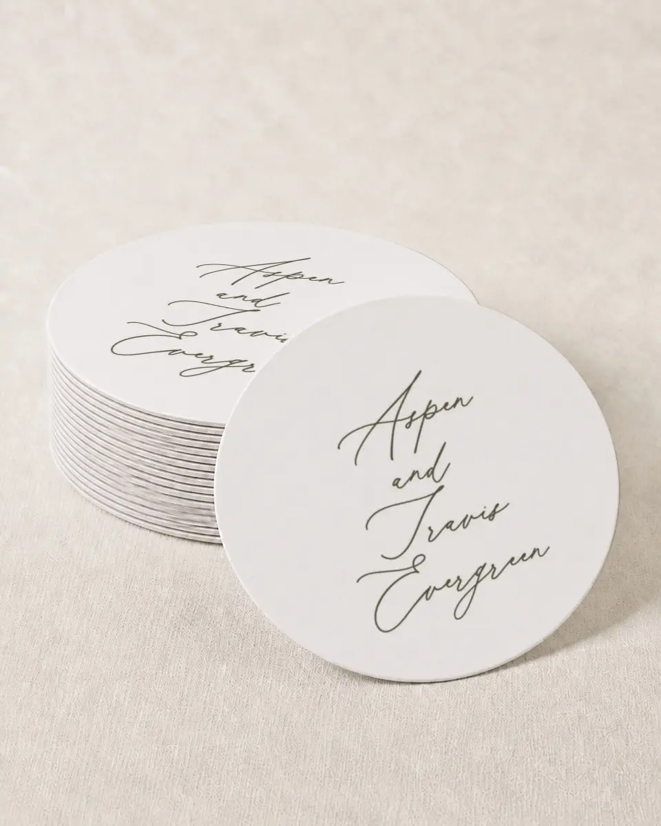 This is a 4" x 4" Wedding Coaster called Willowmere printed in full color on Kraft Chipboard paper