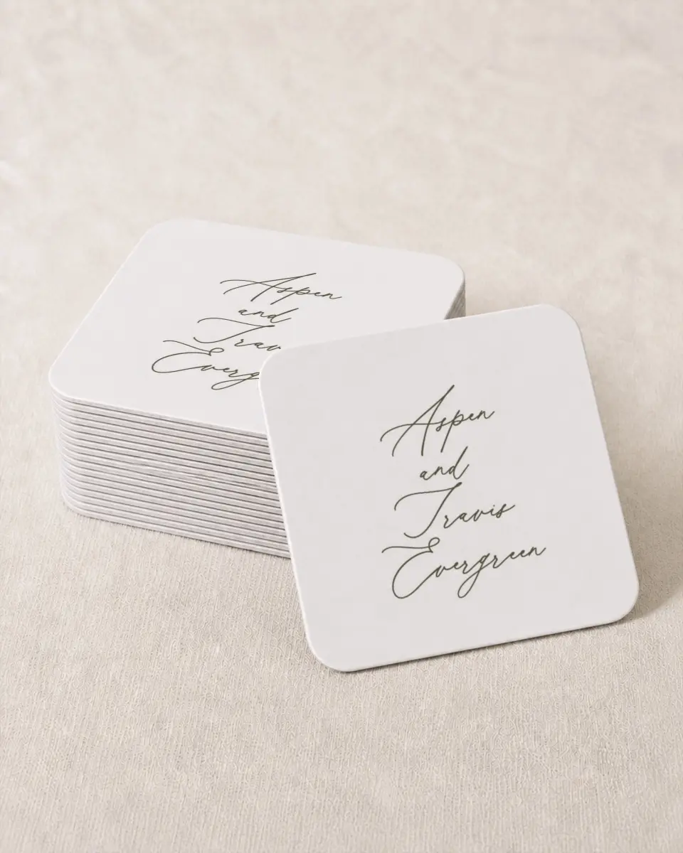 This is a 4" x 4" Wedding Coaster called Willowmere printed in full color on Kraft Chipboard paper