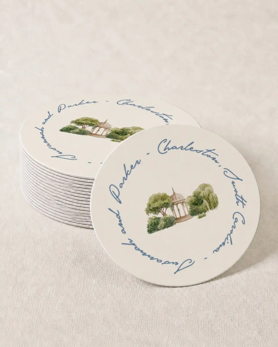 This is a 4" x 4" Wedding Coaster called Rosewood printed in full color on Kraft Chipboard paper