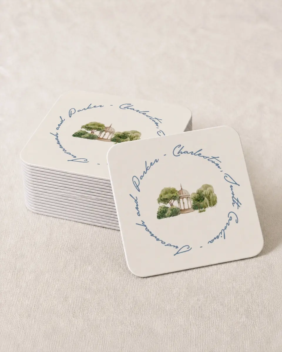 This is a 4" x 4" Wedding Coaster called Rosewood printed in full color on Kraft Chipboard paper