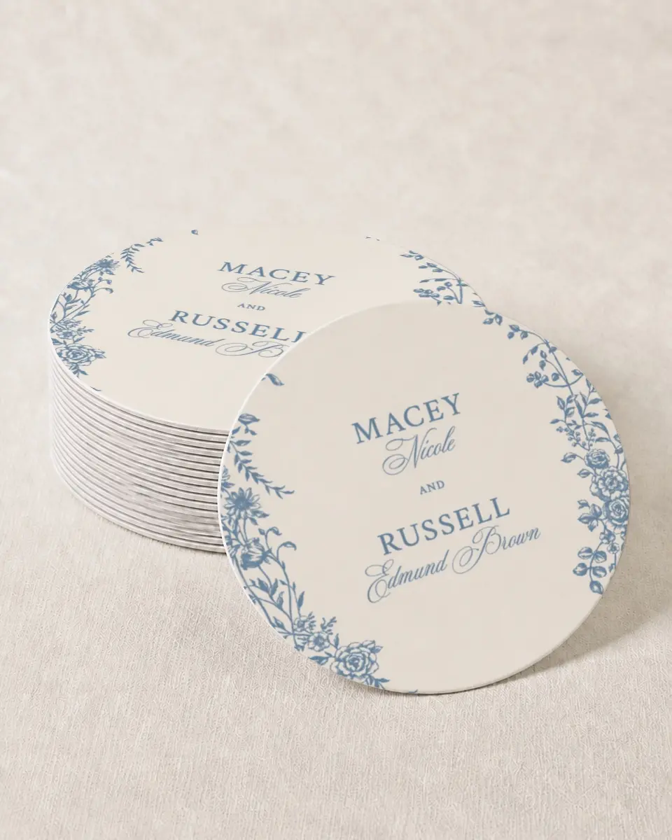 This is a 4" x 4" Wedding Coaster called Vintage Reverie printed in full color on Kraft Chipboard paper
