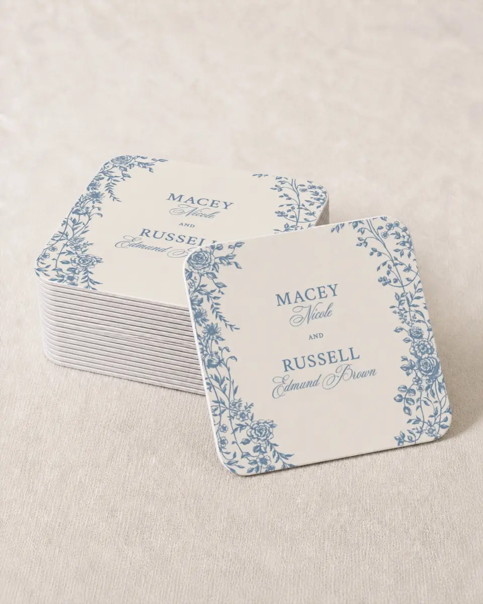 This is a 4" x 4" Wedding Coaster called Vintage Reverie printed in full color on Kraft Chipboard paper