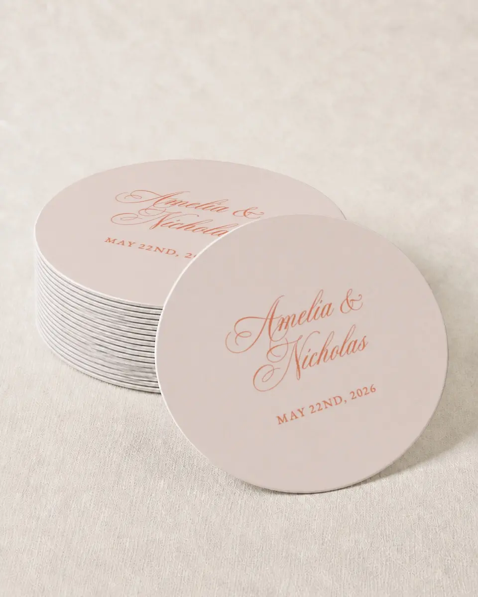 This is a 4" x 4" Wedding Coaster called Forever Favorite printed in full color with Gold foil on Kraft Chipboard paper