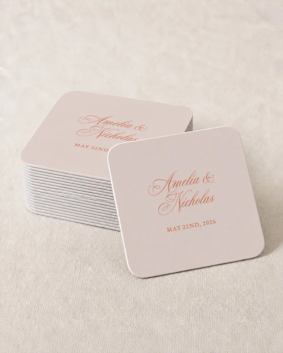This is a 4" x 4" Wedding Coaster called Forever Favorite printed in full color on Kraft Chipboard paper