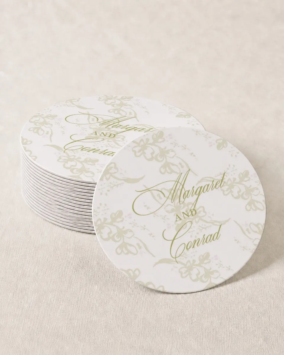 This is a 4" x 4" Wedding Coaster called Evening in Bloom printed in full color with Gold foil on Kraft Chipboard paper