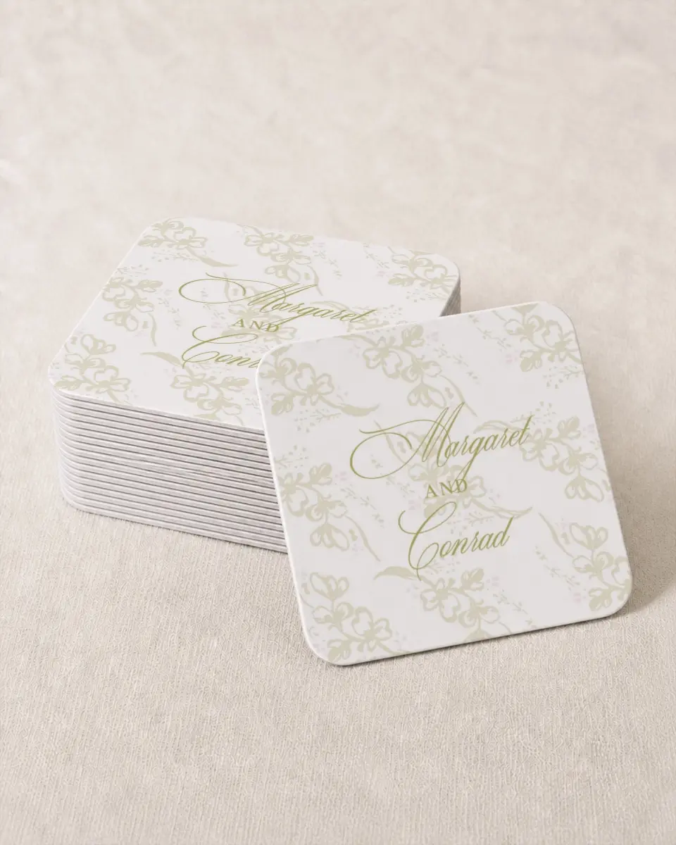 This is a 4" x 4" Wedding Coaster called Evening in Bloom printed in full color on Kraft Chipboard paper
