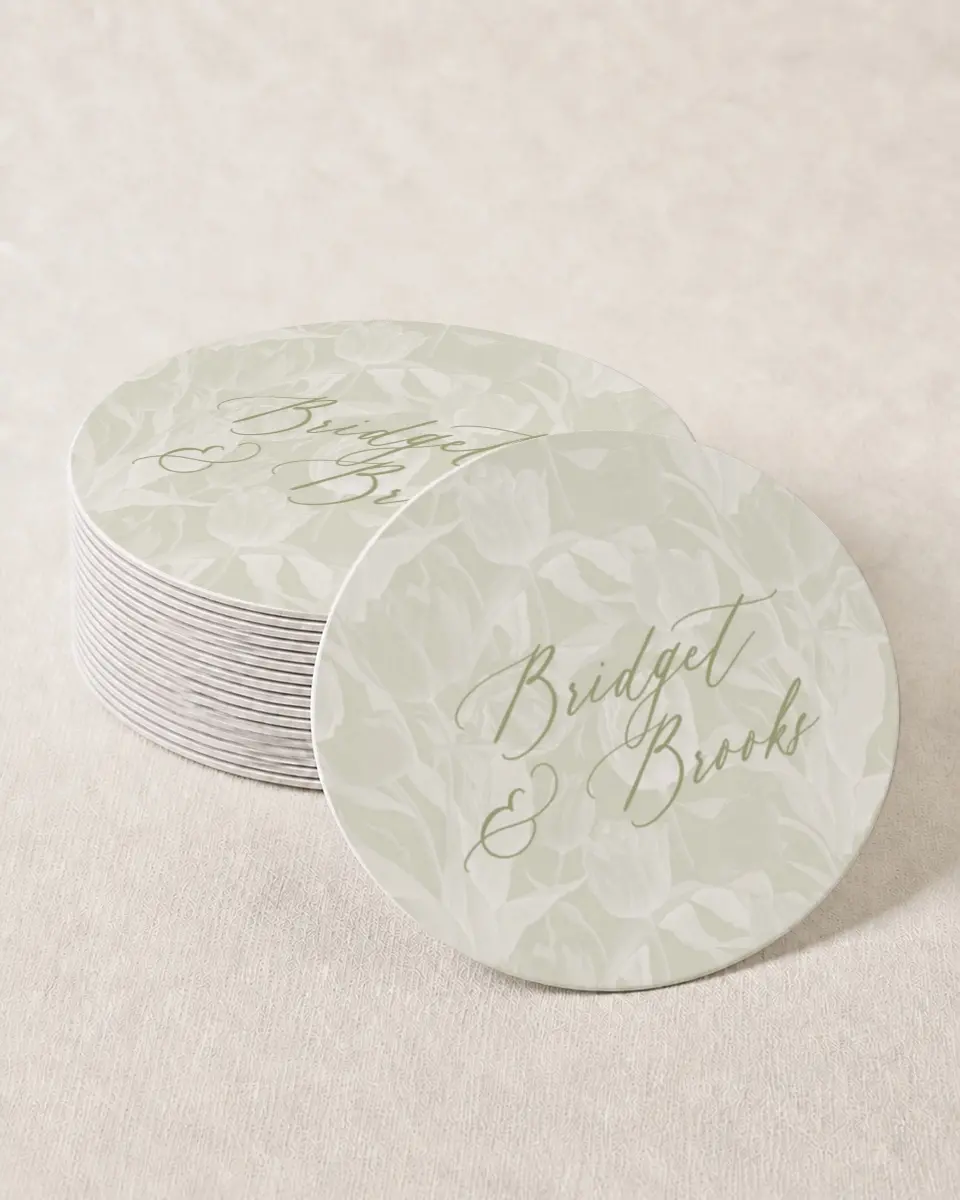 This is a 4" x 4" Wedding Coaster called Timeless Tulips printed in full color with Gold foil on Kraft Chipboard paper