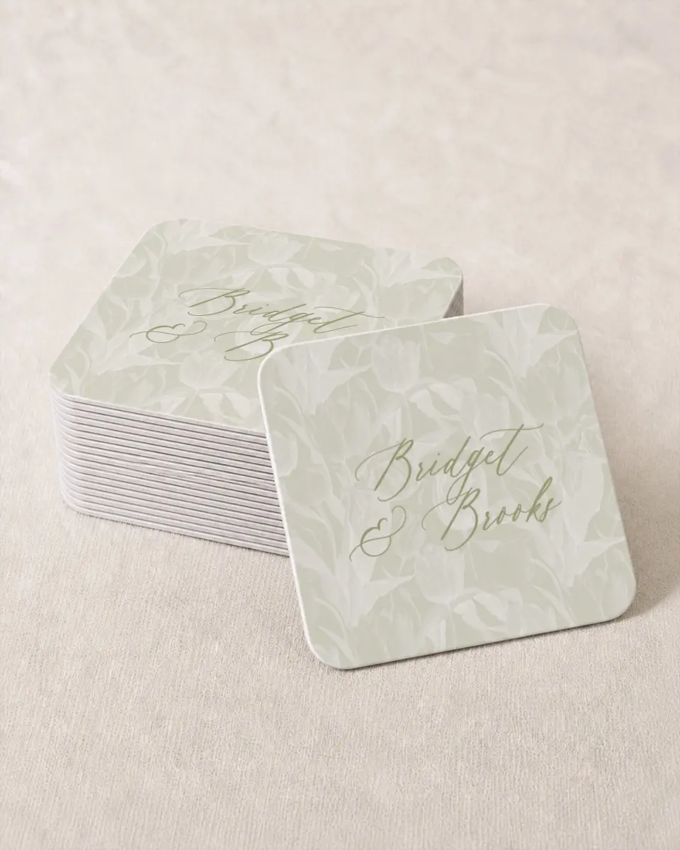 This is a 4" x 4" Wedding Coaster called Timeless Tulips printed in full color on Kraft Chipboard paper