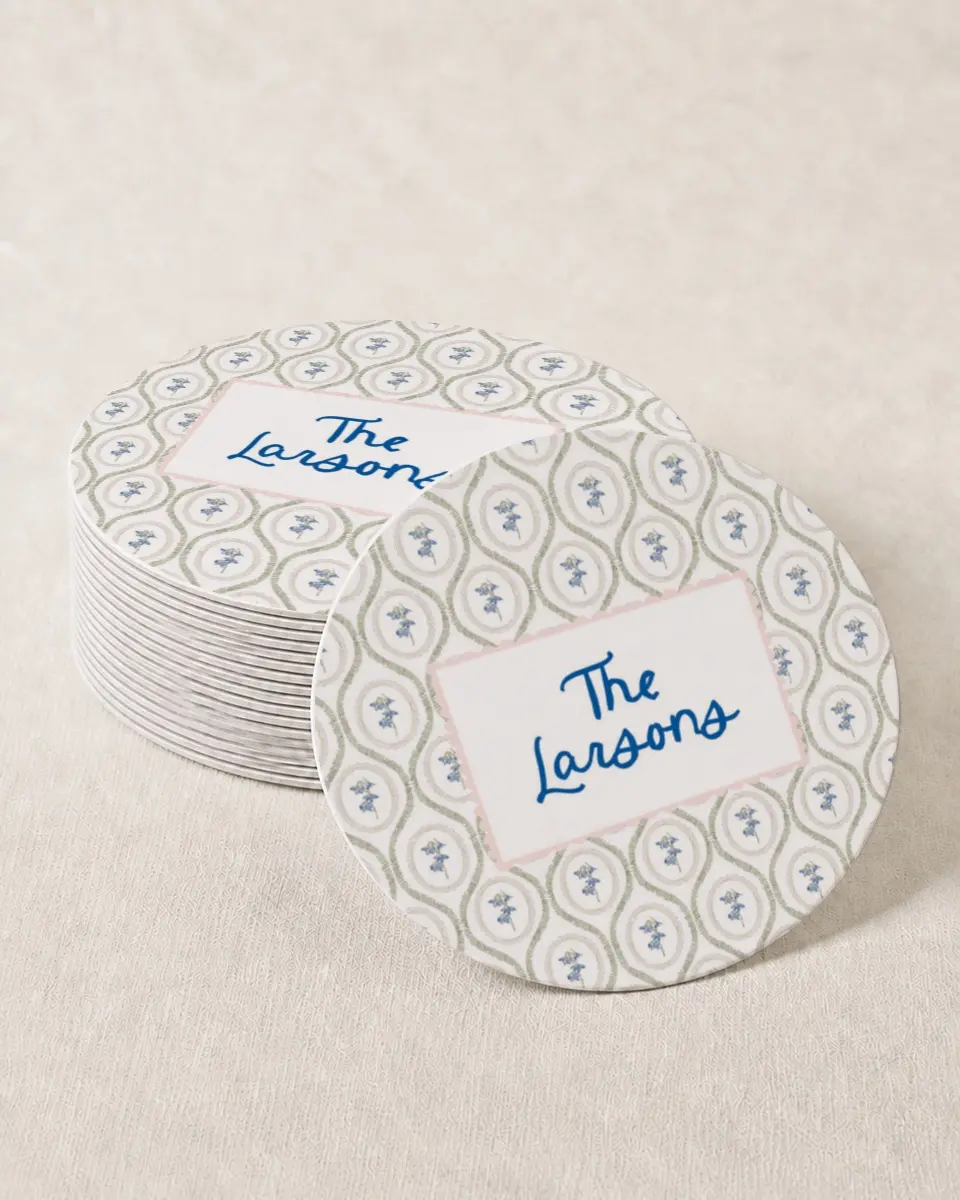 This is a 4" x 4" Wedding Coaster called Scalloped Elegance printed in full color on Kraft Chipboard paper