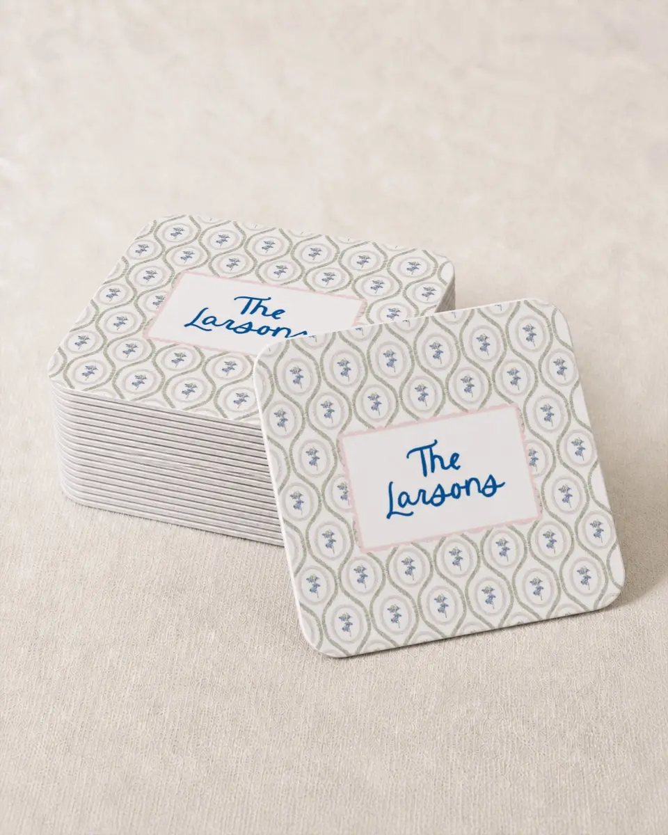 This is a 4" x 4" Wedding Coaster called Scalloped Elegance printed in full color on Kraft Chipboard paper