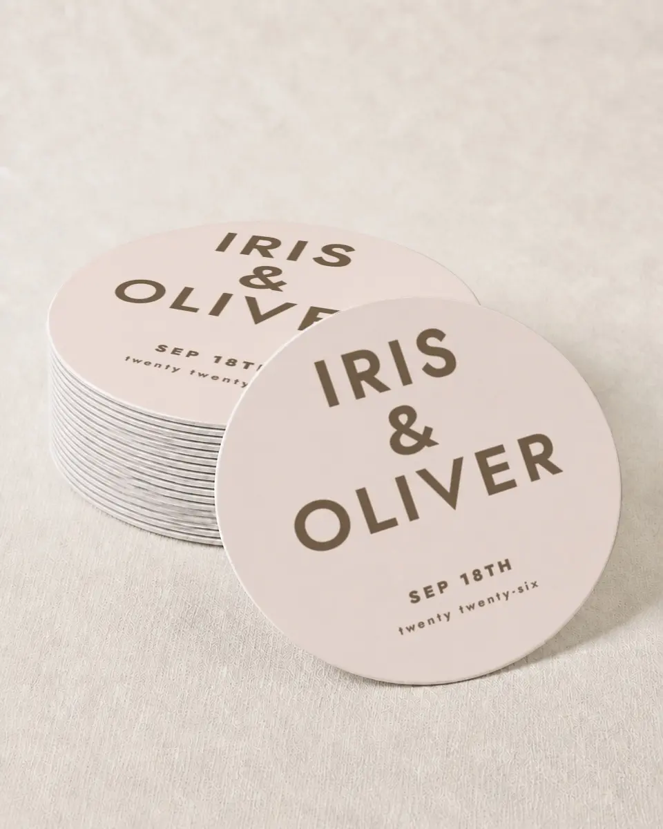 This is a 4" x 4" Wedding Coaster called Serendipity & Stripes printed in full color on Kraft Chipboard paper