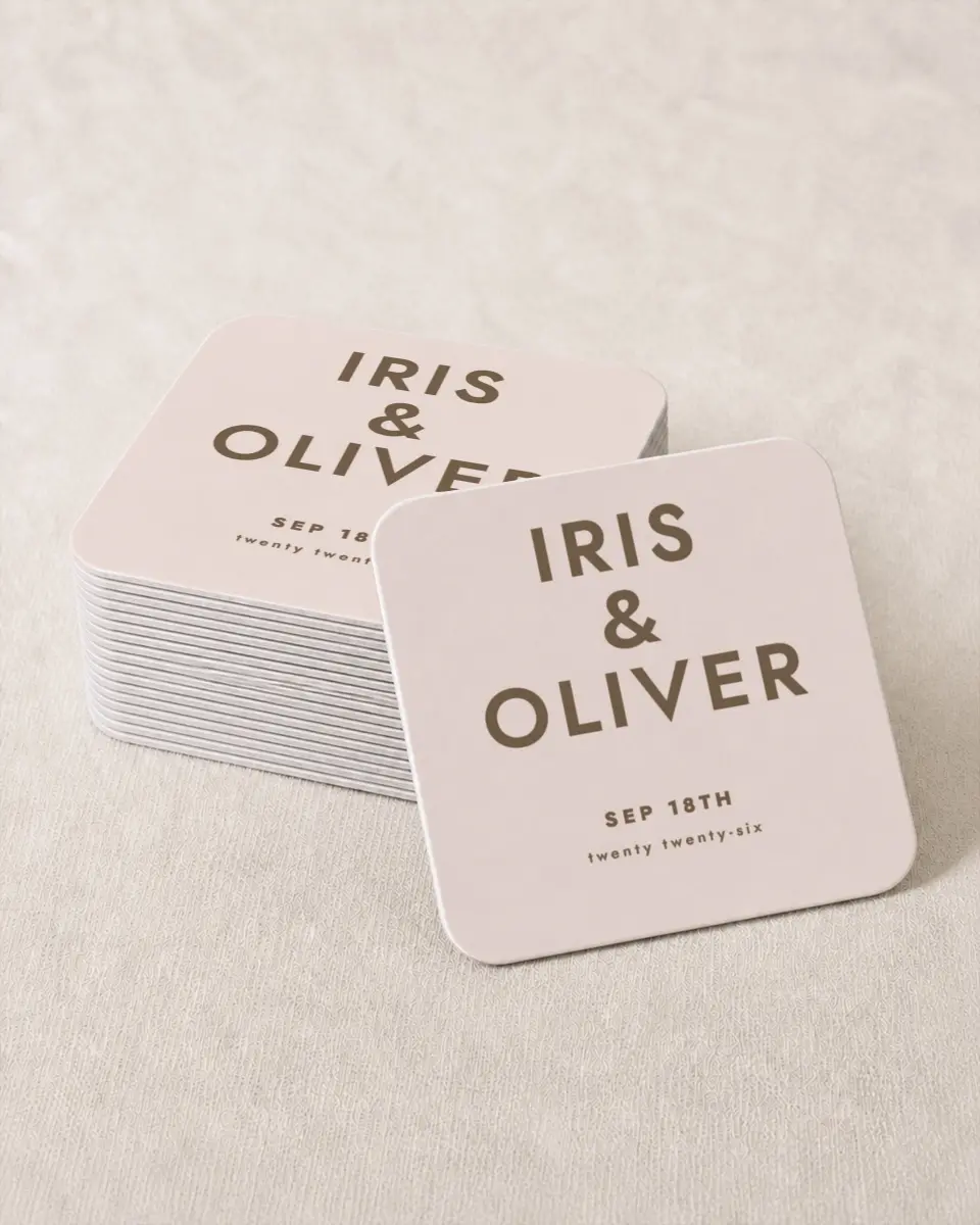 This is a 4" x 4" Wedding Coaster called Serendipity & Stripes printed in full color on Kraft Chipboard paper