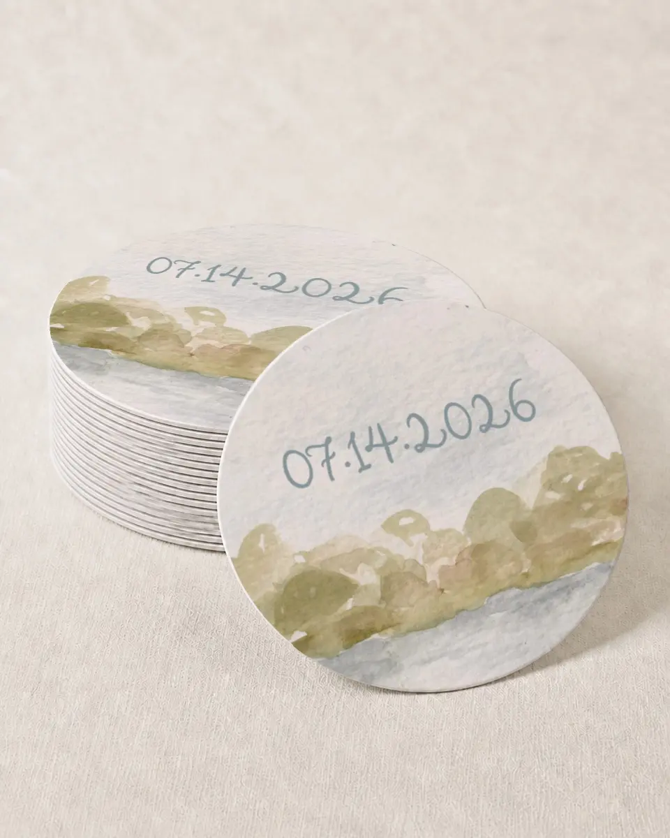 This is a 4" x 4" Wedding Coaster called Soft Meadows printed in full color on Kraft Chipboard paper