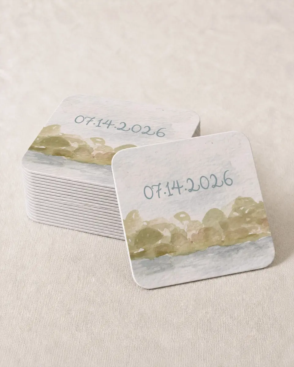 This is a 4" x 4" Wedding Coaster called Soft Meadows printed in full color on Kraft Chipboard paper