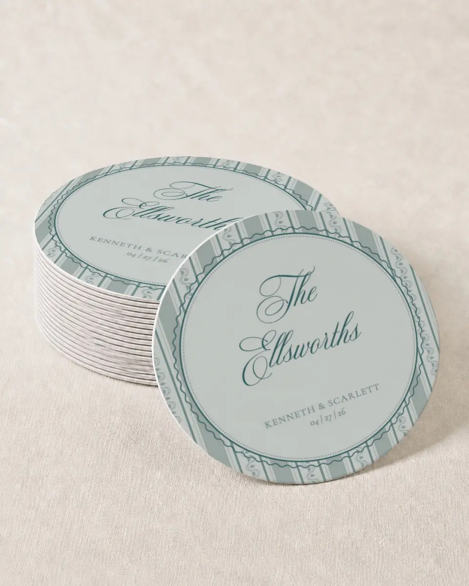 This is a 4" x 4" Wedding Coaster called Delicate Vintage printed in full color on Kraft Chipboard paper