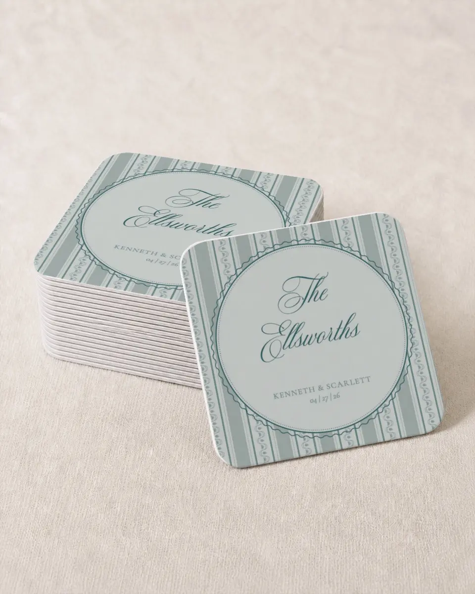 This is a 4" x 4" Wedding Coaster called Delicate Vintage printed in full color on Kraft Chipboard paper
