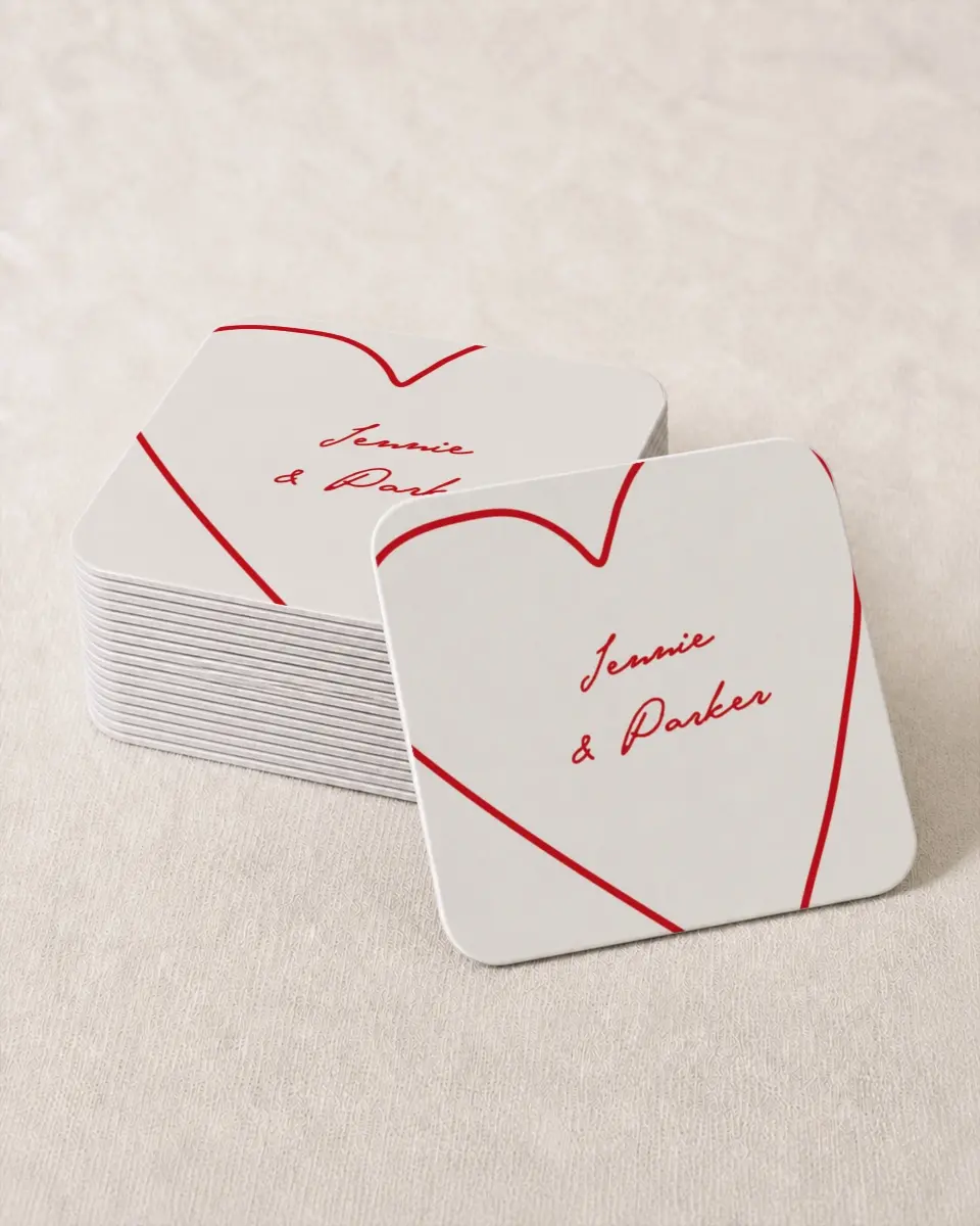 This is a 4" x 4" Wedding Coaster called With All Our Love printed in full color on Kraft Chipboard paper