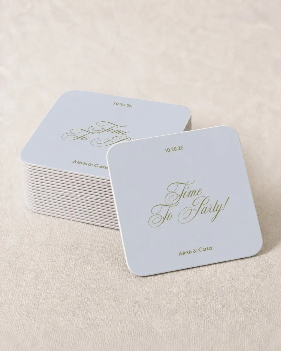 This is a 4" x 4" Wedding Coaster called Signature Vows printed in full color on Kraft Chipboard paper