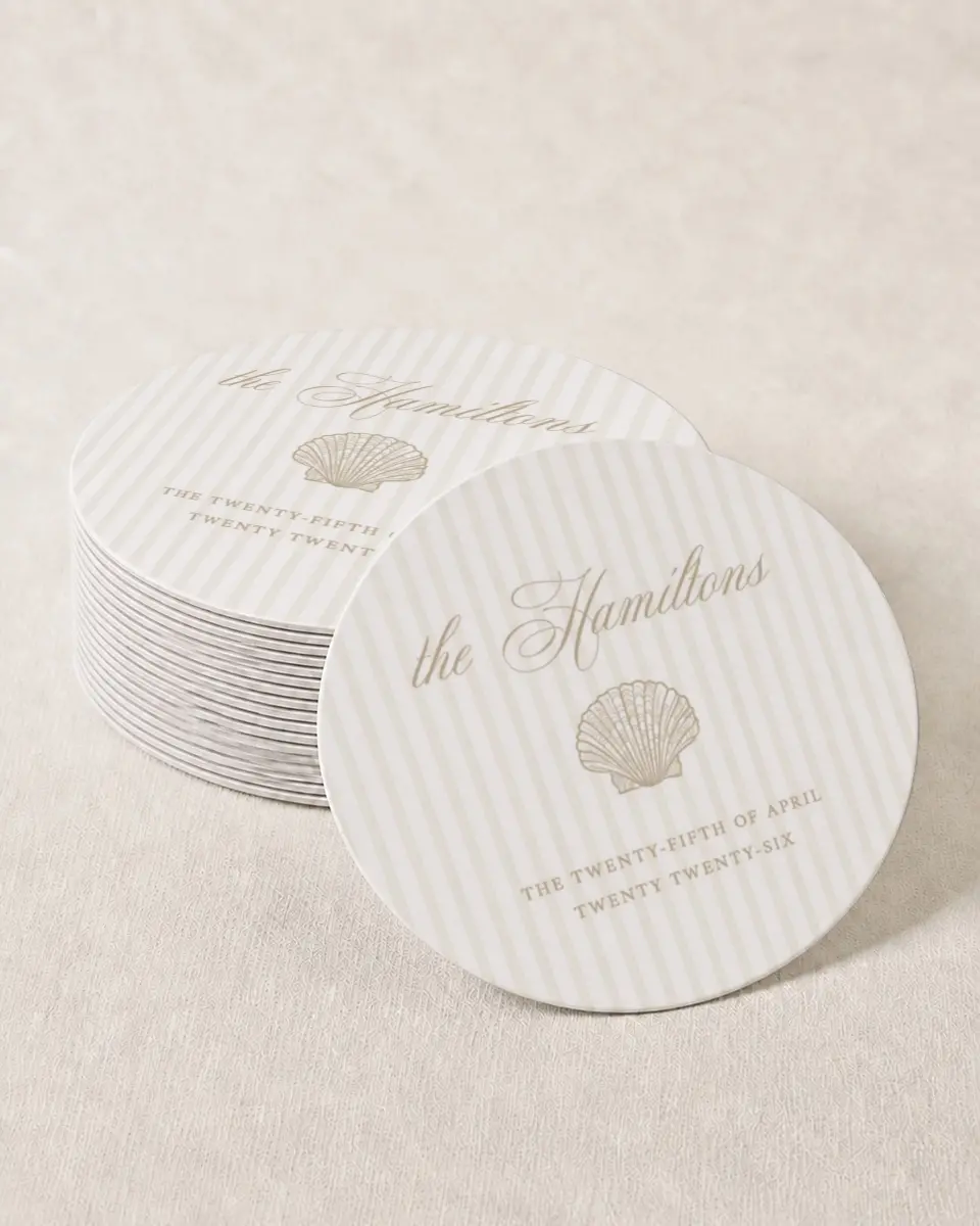 This is a 4" x 4" Wedding Coaster called Elegant Shell printed in full color on Kraft Chipboard paper