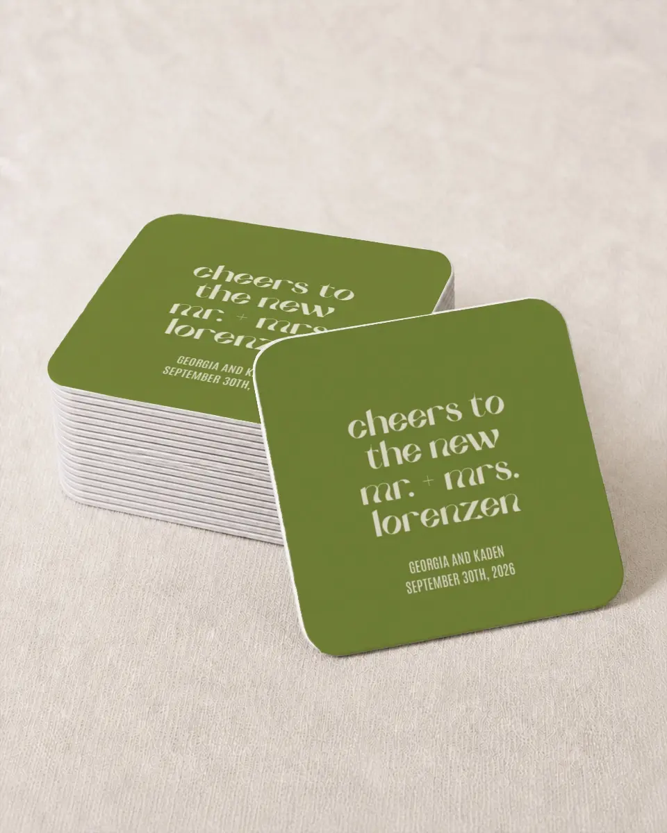 This is a 4" x 4" Wedding Coaster called Zephyr printed in full color on Kraft Chipboard paper