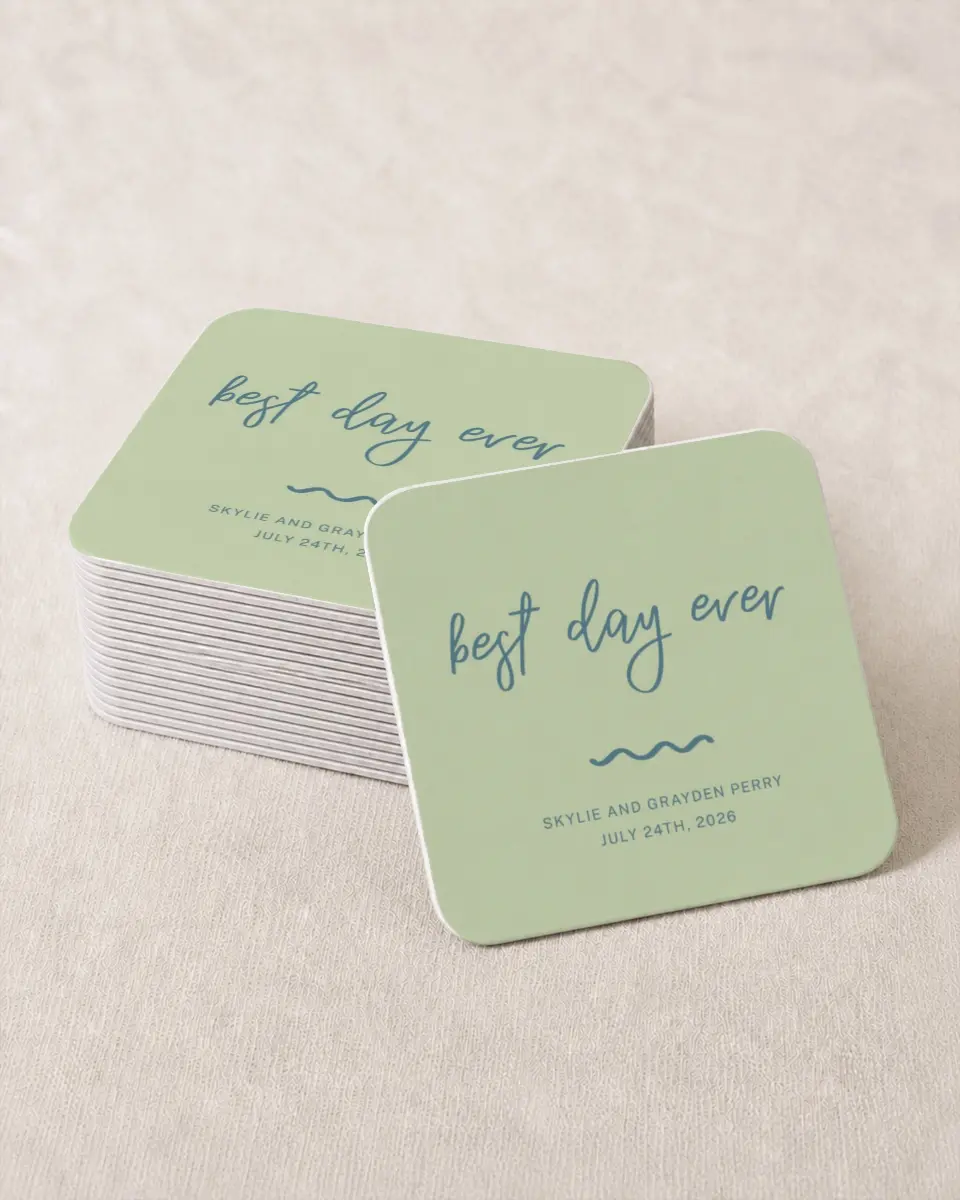 This is a 4" x 4" Wedding Coaster called I Hear Wedding Shells printed in full color on Kraft Chipboard paper