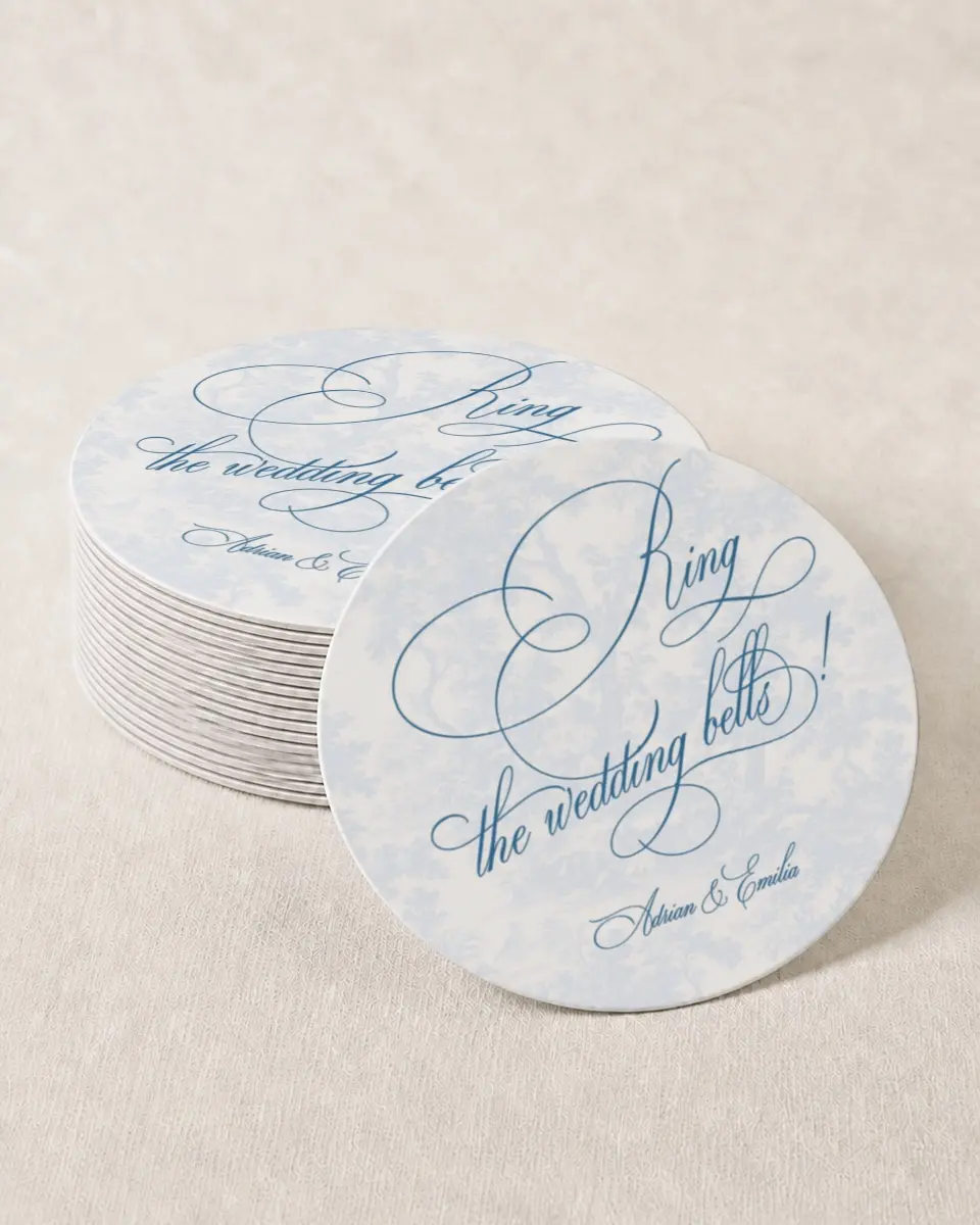 This is a 4" x 4" Wedding Coaster called Blue Toile Romance printed in full color on Kraft Chipboard paper