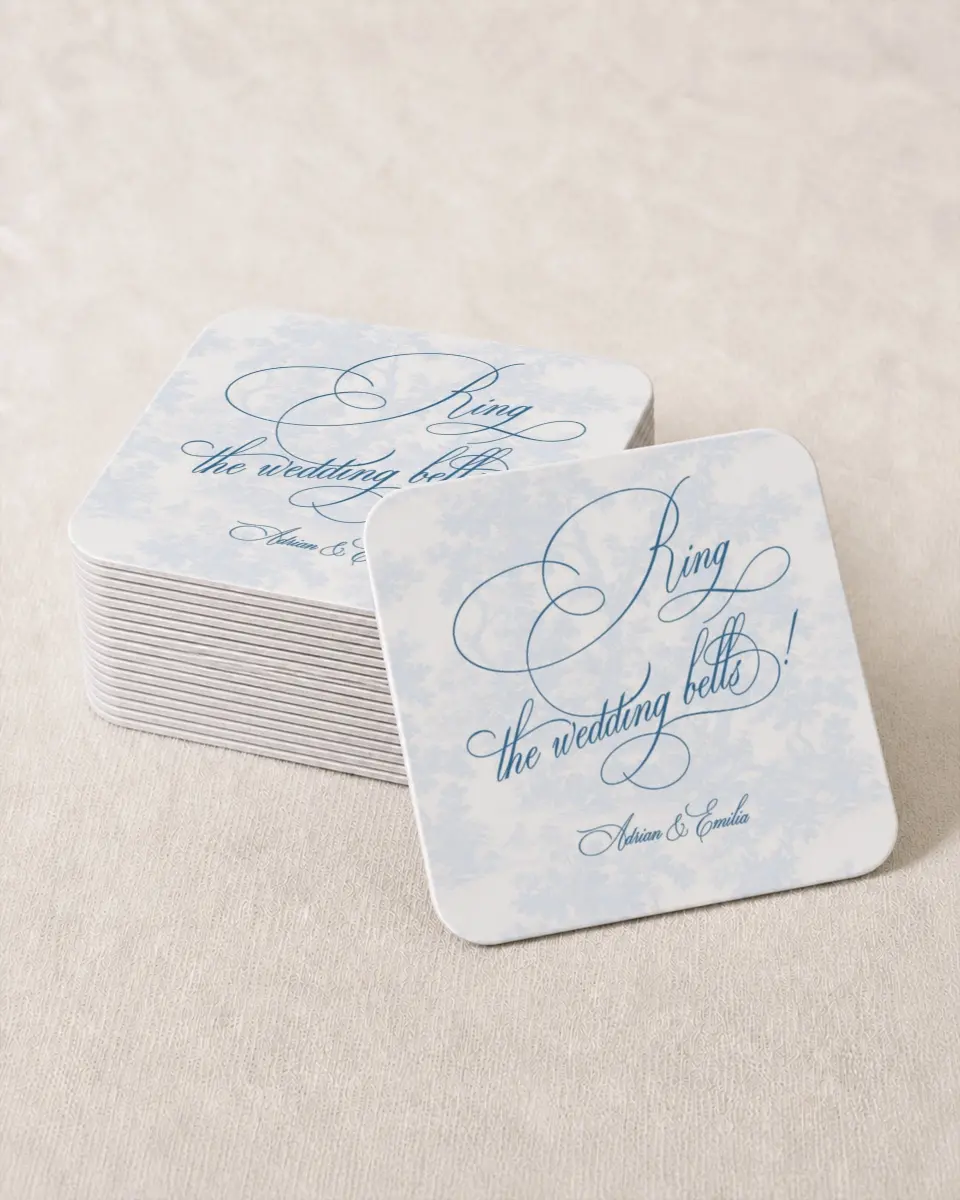 This is a 4" x 4" Wedding Coaster called Blue Toile Romance printed in full color on Kraft Chipboard paper