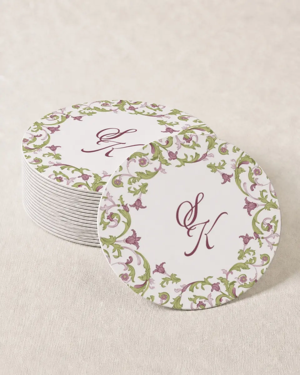 This is a 4" x 4" Wedding Coaster called Ornate Garden printed in full color on Kraft Chipboard paper