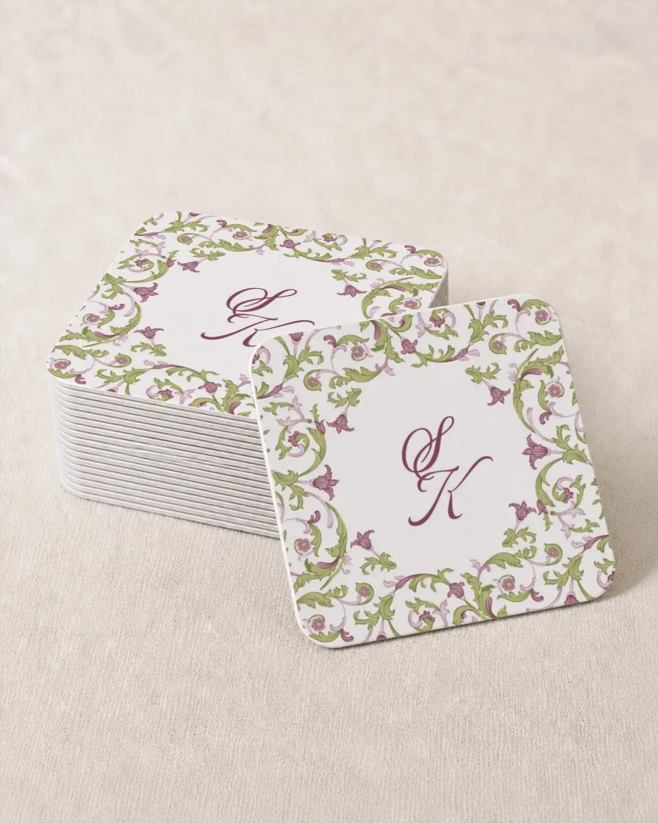 This is a 4" x 4" Wedding Coaster called Ornate Garden printed in full color on Kraft Chipboard paper