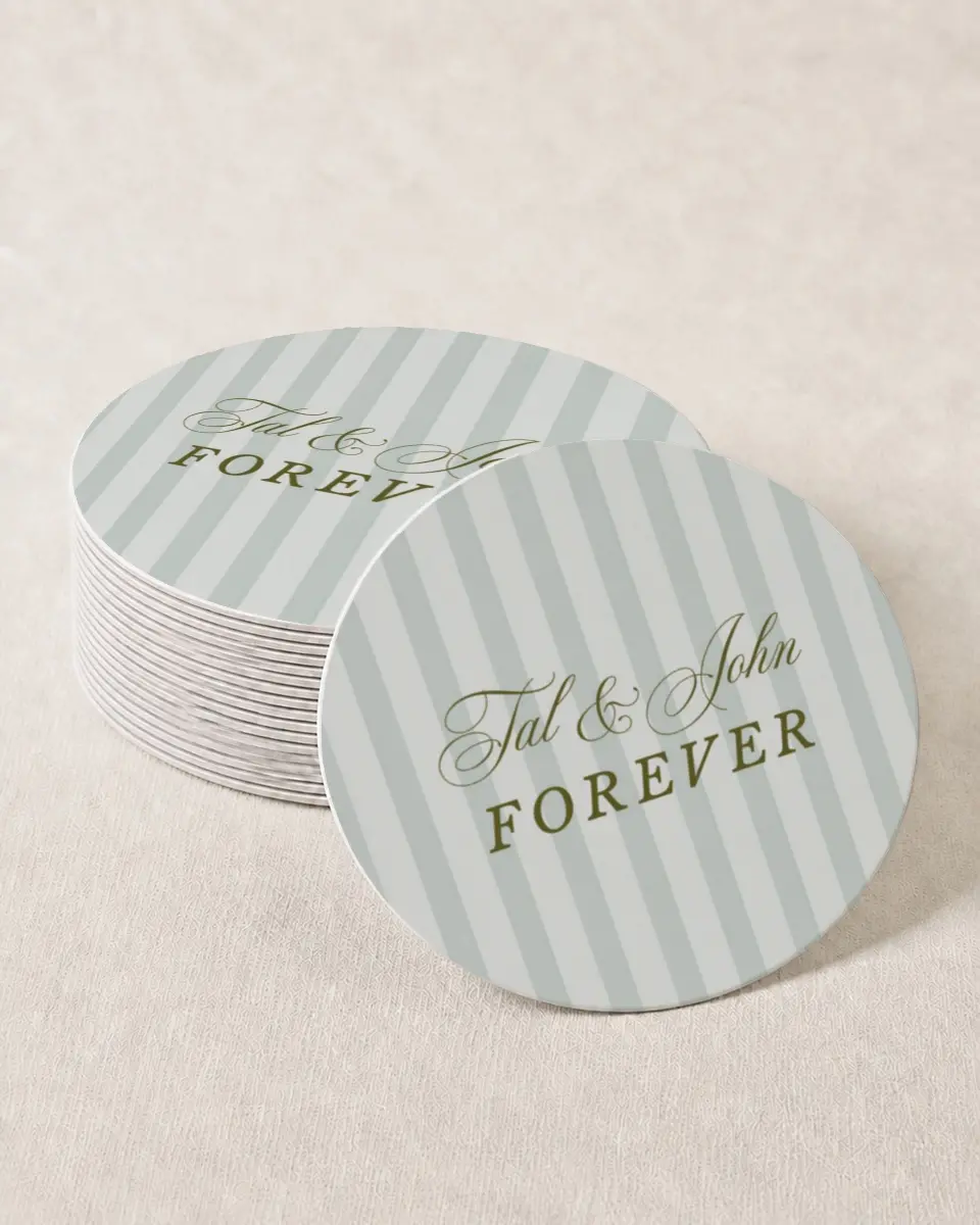 This is a 4" x 4" Wedding Coaster called Love You Forever printed in full color with Gold foil on Kraft Chipboard paper