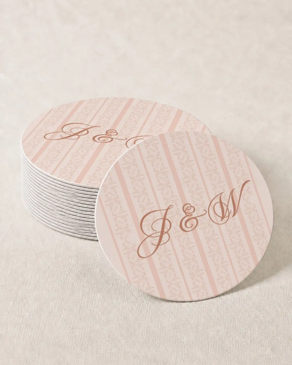 This is a 4" x 4" Wedding Coaster called Patterned Love printed in full color with Gold foil on Kraft Chipboard paper