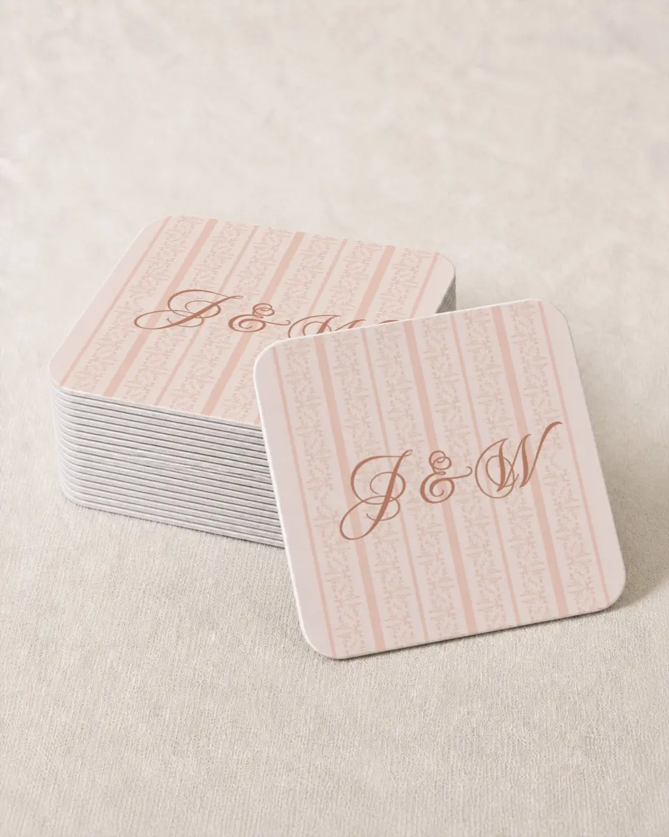 This is a 4" x 4" Wedding Coaster called Patterned Love printed in full color on Kraft Chipboard paper
