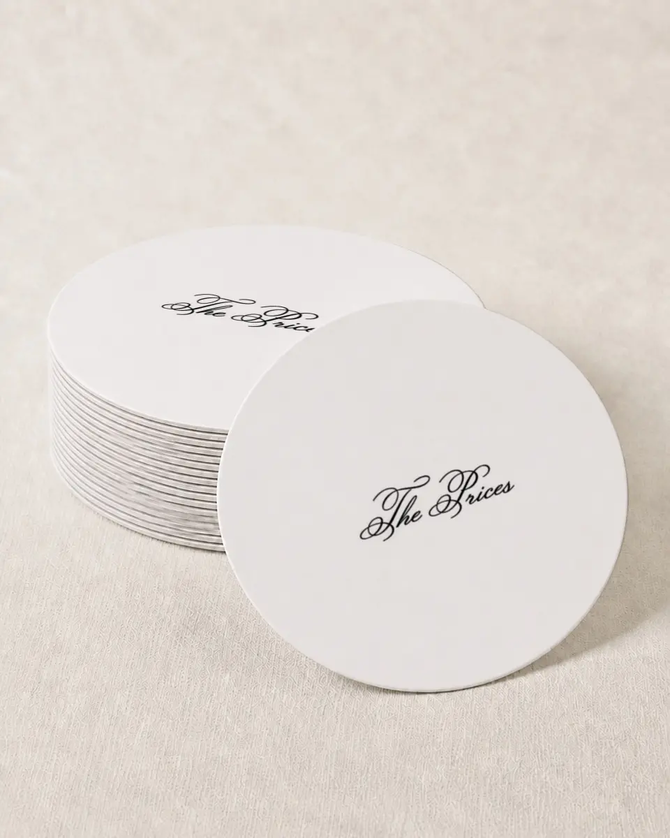 This is a 4" x 4" Wedding Coaster called Formal Script printed in full color on Kraft Chipboard paper