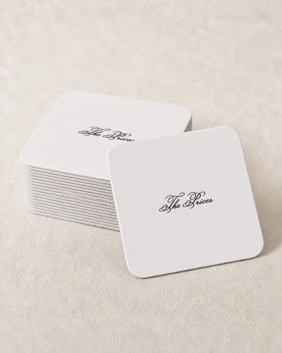 This is a 4" x 4" Wedding Coaster called Formal Script printed in full color on Kraft Chipboard paper