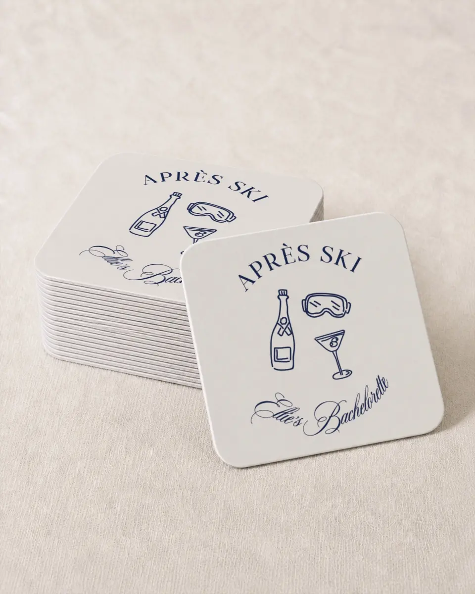 This is a 4" x 4" Bachelorette Party Thank You Card called Aprés Ski printed in full color on Kraft Chipboard paper